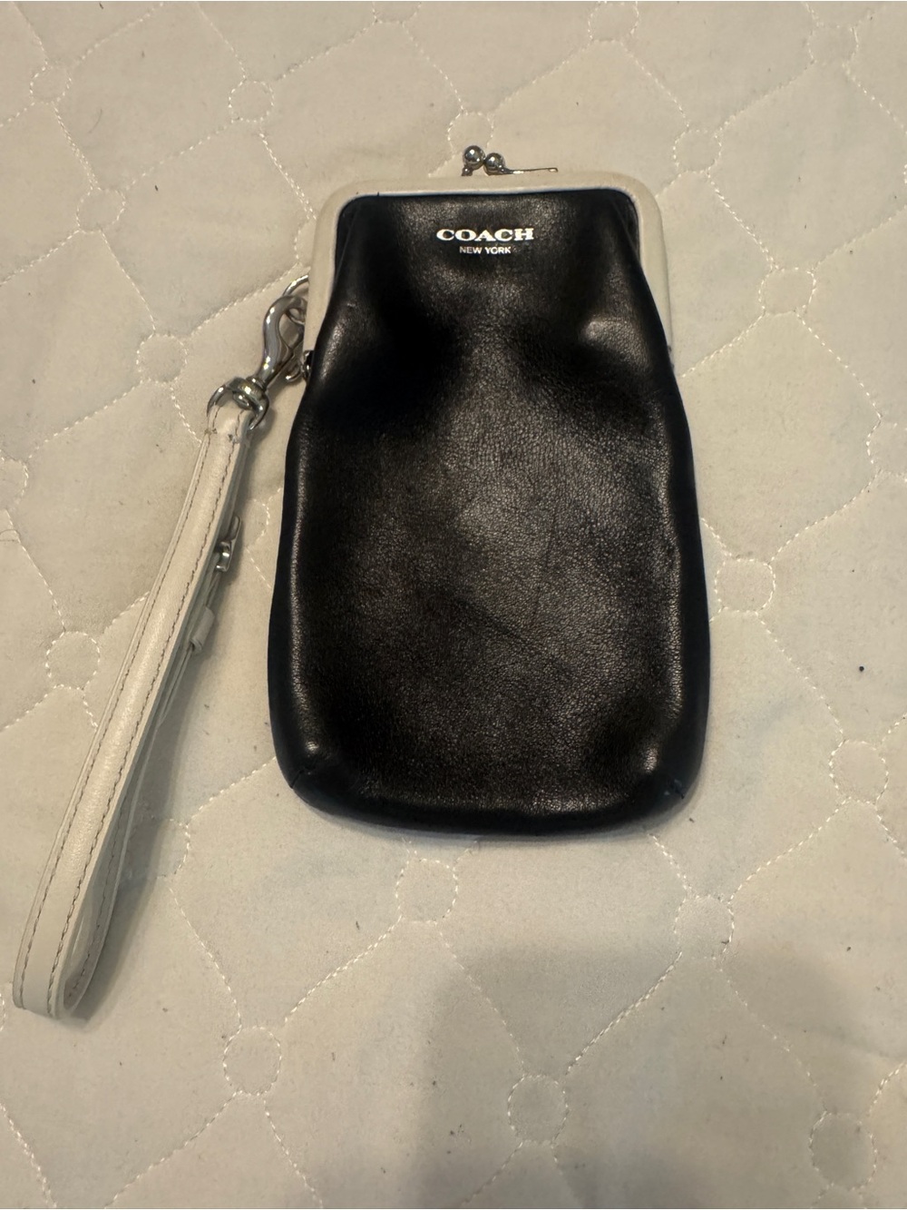 COACH Black Phone Wristlet with White Trim and Strap